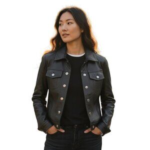 AMIRI Womens black leather trucker jacket size 40 small silver buttons